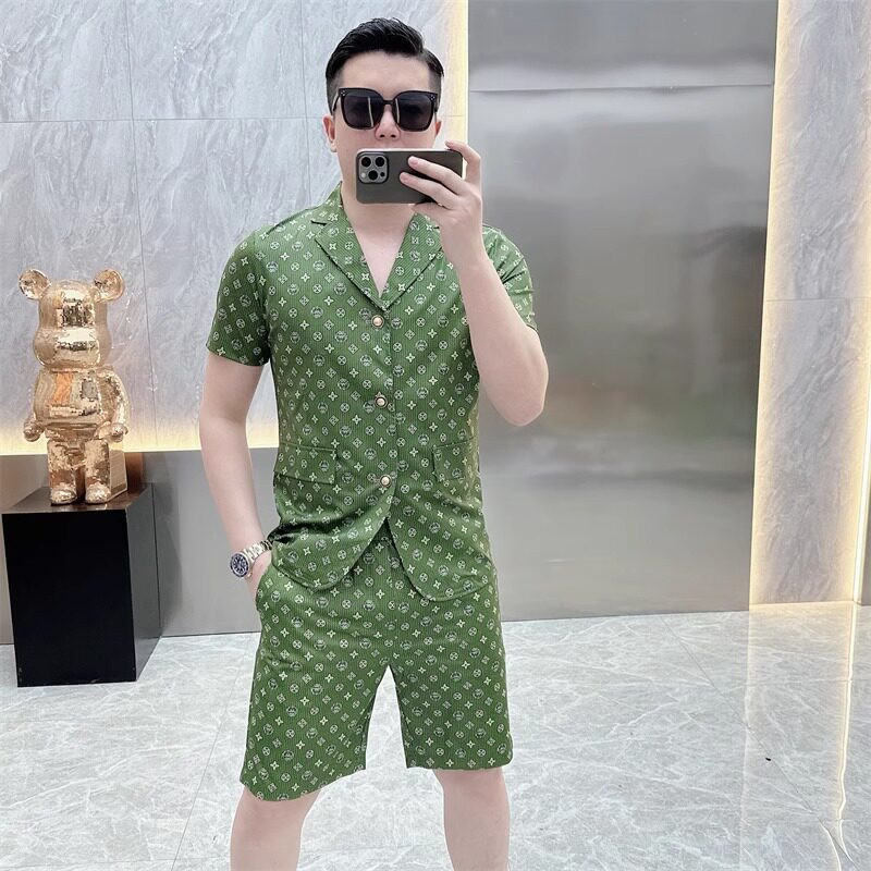 高端休闲西服套装男士夏季印花翻领短袖短裤搭配一套修身两件套潮