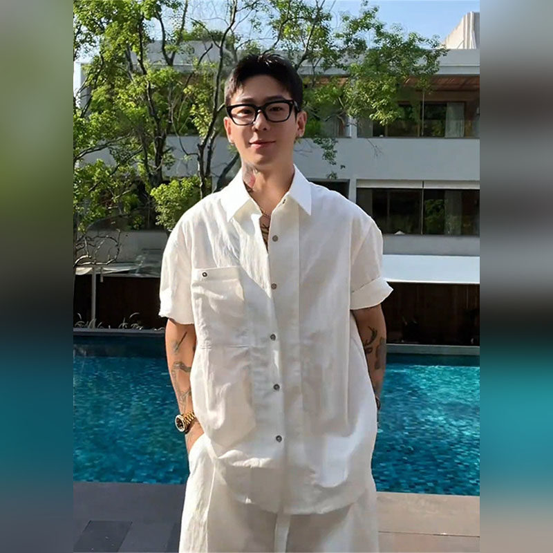轻奢老钱风冰丝褶皱白色短袖衬衫外套男款夏季慵懒松弛感半袖衬衣