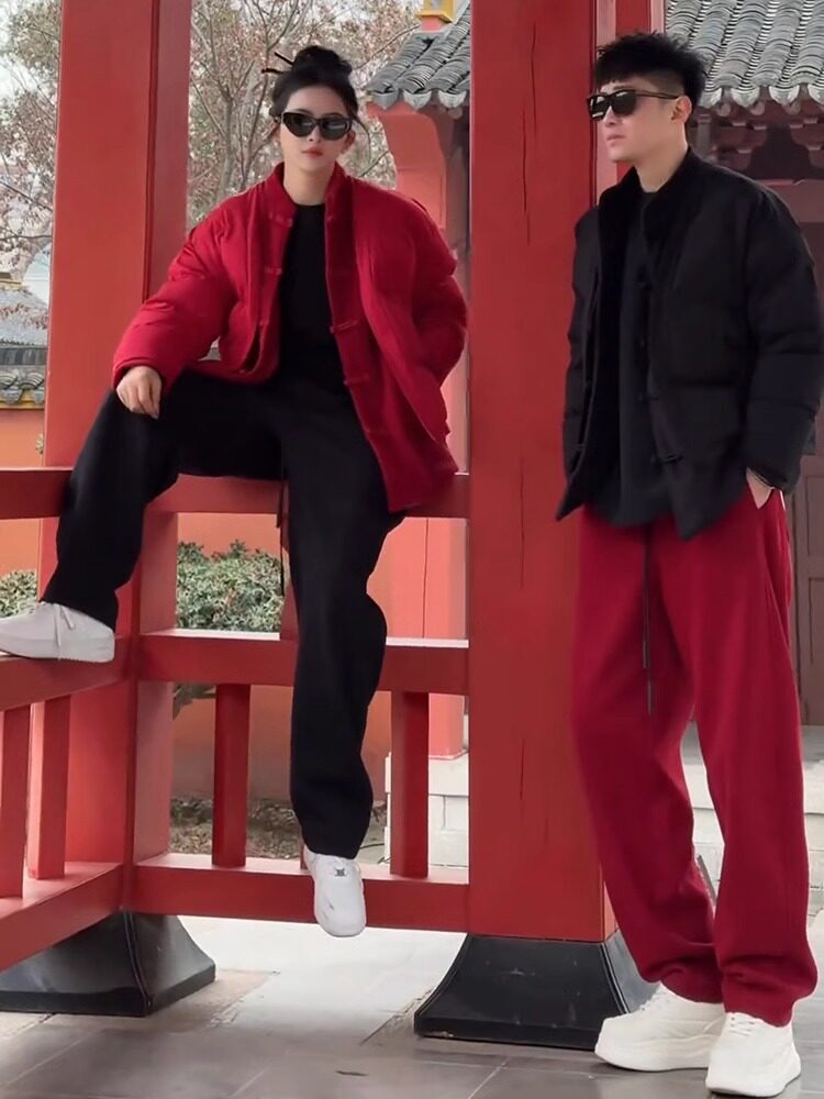 轻奢新中式国潮假两件红色羽绒棉服男2025秋冬季加厚唐装棉衣外套
