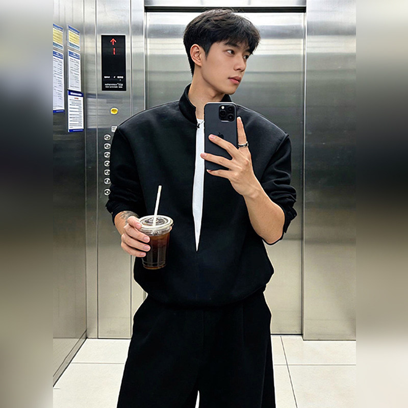 高端黑色假两件V领卫衣男生2026春季酷帅一整套老钱风高级感套装