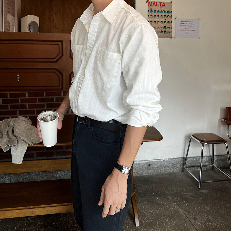 轻奢2026夏季新款亚麻衬衫长袖口袋白色男士透气韩系轻熟简约衬衣
