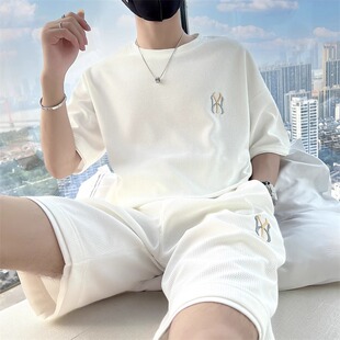 休闲运动套装男夏季冰丝华夫格假两件短袖T恤短裤帅气ins潮牌男装