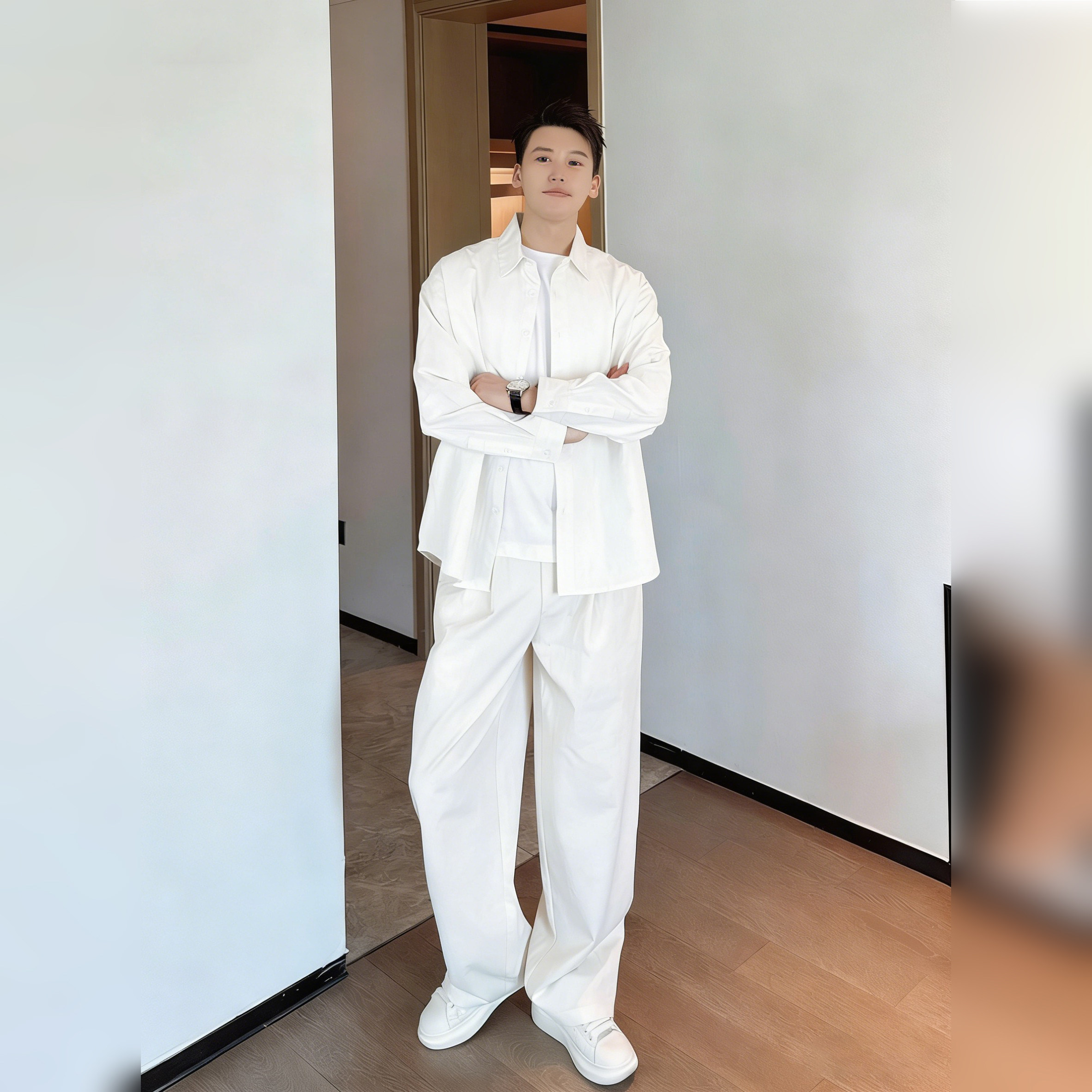 轻奢2026春季男士老钱风白色亚麻透气套装长袖时尚帅气休闲一整套