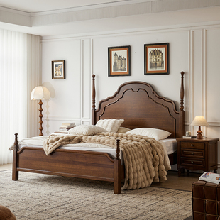 美式 复古全实木大床1.8米双人床中古风主卧室婚床次卧1.5米床 法式