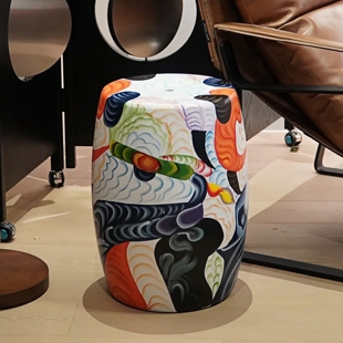 现代艺术风彩色中古风圆形边几陶瓷装 饰鼓凳客厅沙发角几落地花架