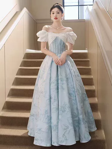 Синее вечернее платье, юбка для школьников, большой размер, открытые плечи