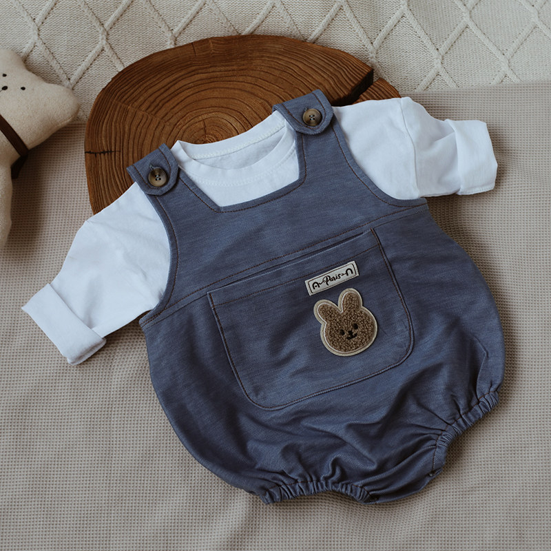 婴姿婴儿可爱包屁裤防牛仔春秋季背带裤连体衣夏宝宝外出爬服套装