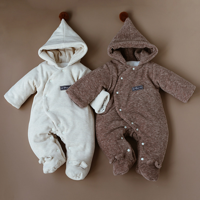 婴姿新生儿秋冬装婴儿衣服绒加厚包脚连体衣宝宝保暖外出棉服爬服