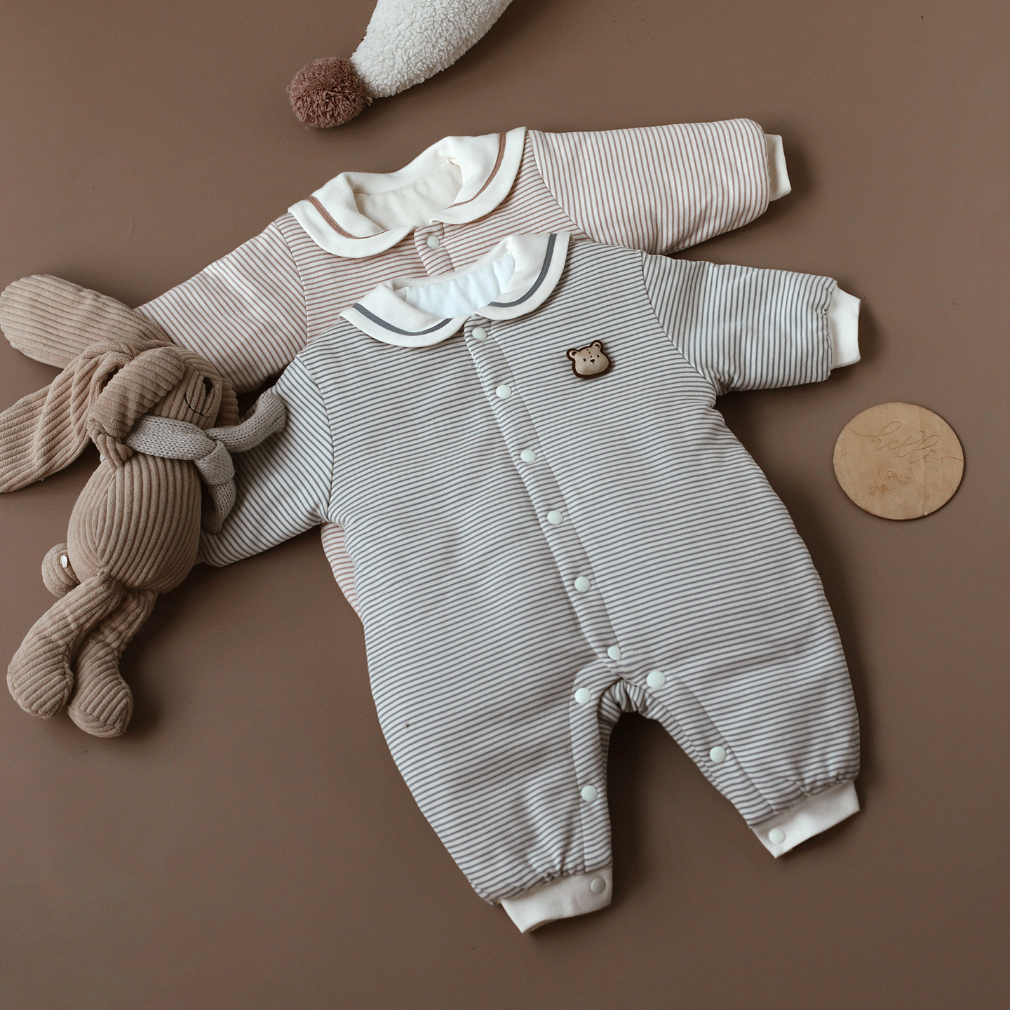 婴姿纯棉夹棉海军领条纹棉服中开好穿脱不连帽秋冬男女宝宝可外穿