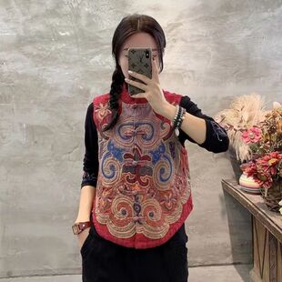 新款春夏季女装复古民族风无袖提花棉麻立领盘扣刺绣背心马夹