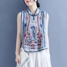 复古绣花棉麻马甲重工刺绣短款百搭立领盘扣上衣中国风套头女夏季