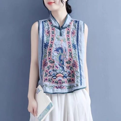 复古绣花棉麻马甲重工刺绣短款百搭立领盘扣上衣中国风套头女夏季