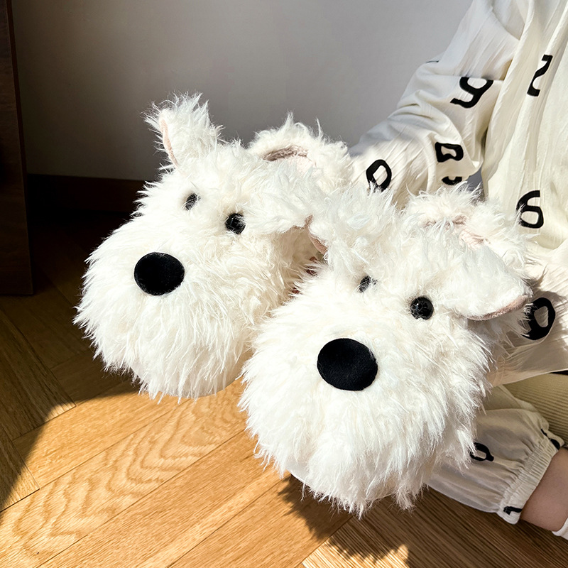 潦草小狗棉拖鞋女冬季室内防滑保暖半包跟毛绒月子软底毛毛拖鞋