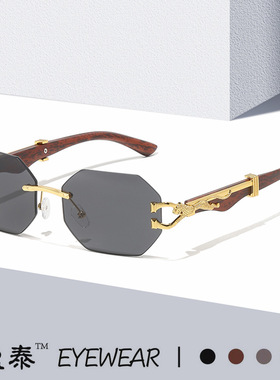 新款复古木纹豹子镜腿太阳镜男欧美方框驾驶猎豹装饰墨镜跨境
