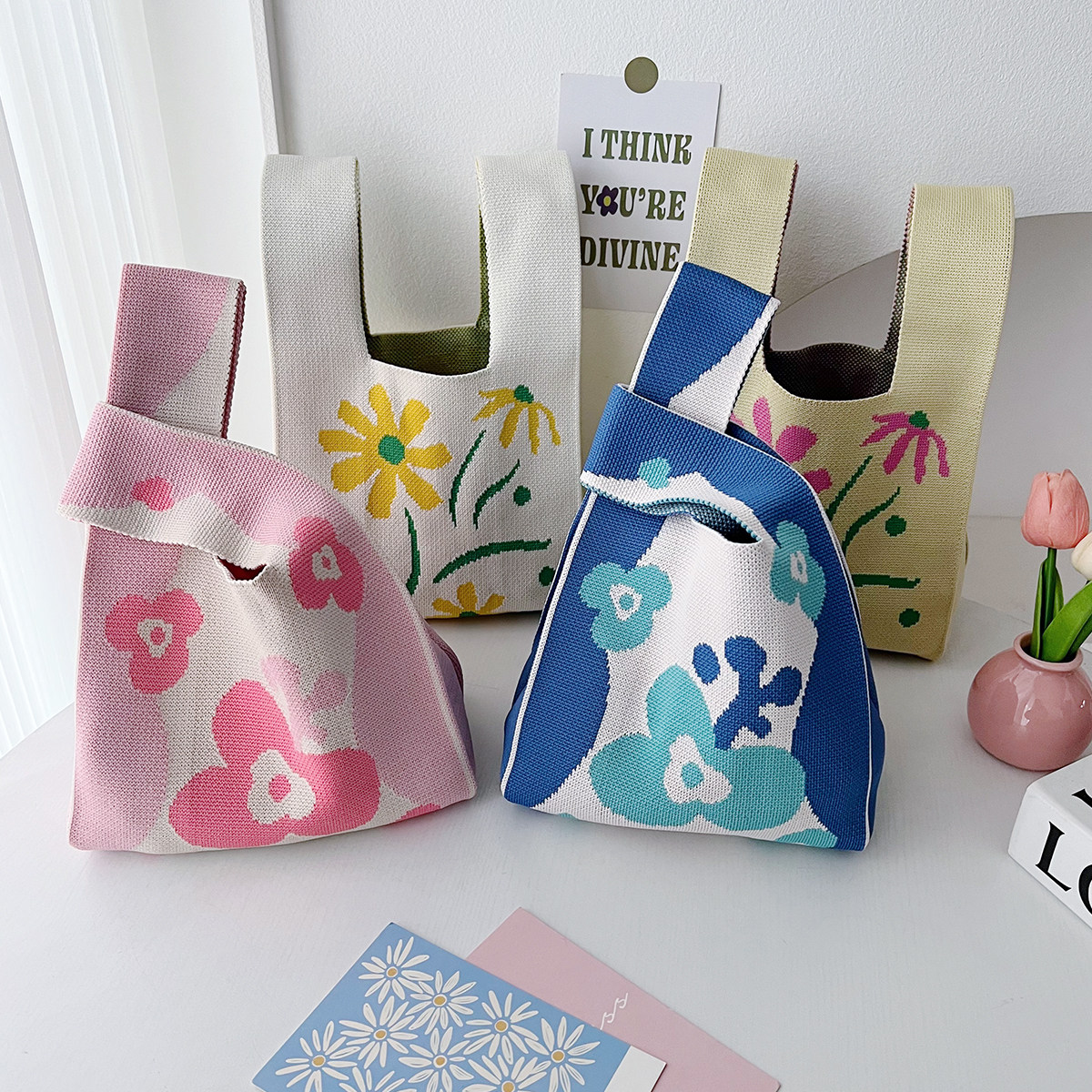 韩版新款花朵针织手提包大容量出行百搭便携手拎手腕包节日礼品袋