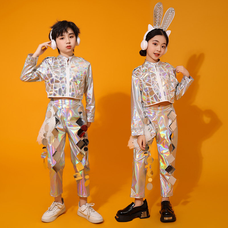 儿童镭射亮片演出服女童摄影套装模特时尚科技感走秀服元宇宙礼服