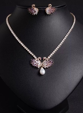 紫色项链珍珠女链锁骨锆石饰品欧美短款简约新娘配饰配套装婚纱礼