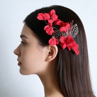 2026新款 仙 红色头饰简约新娘发夹流苏婚纱晚礼敬酒服造型发饰韩式