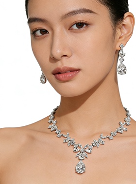 韩式新娘婚纱项链耳环套装女夹锆石钻石水晶锁骨链晚礼服配饰