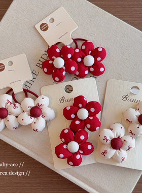 女童红色布艺蝴蝶结花朵发圈双马尾头绳宝宝全包布发夹不伤发发夹