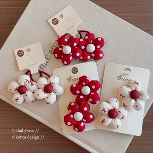 女童红色布艺蝴蝶结花朵发圈双马尾头绳宝宝全包布发夹不伤发发夹