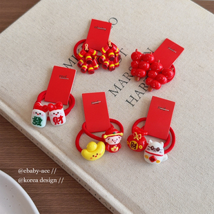 女童新年喜庆红色发圈卡通财神招财猫发饰可爱糖葫芦扎头发绳皮筋