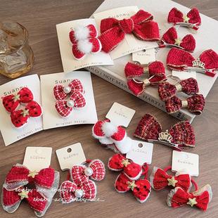 儿童蝴蝶结发夹喜庆酒红发圈女童可爱公主风新年头饰高颜值发饰