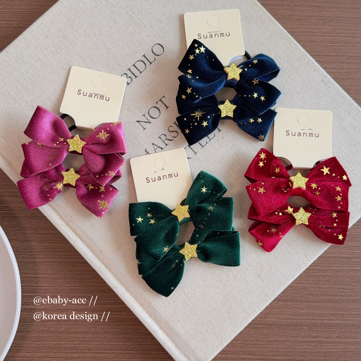 韩国风星星蝴蝶结马尾头绳女童甜美发圈新年红色丝绒蝴蝶结头