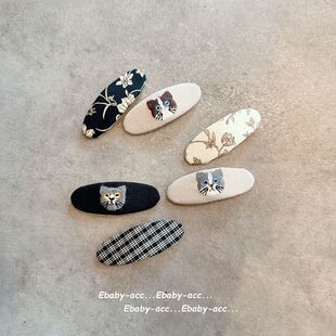 秋冬新儿童可爱猫咪格子布艺BB夹不伤发碎花格纹高级侧边耳后发卡