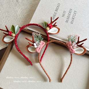 圣诞节发箍森系麋鹿角发箍女童可爱羊毛毡蘑菇装扮头箍蝴蝶结发饰
