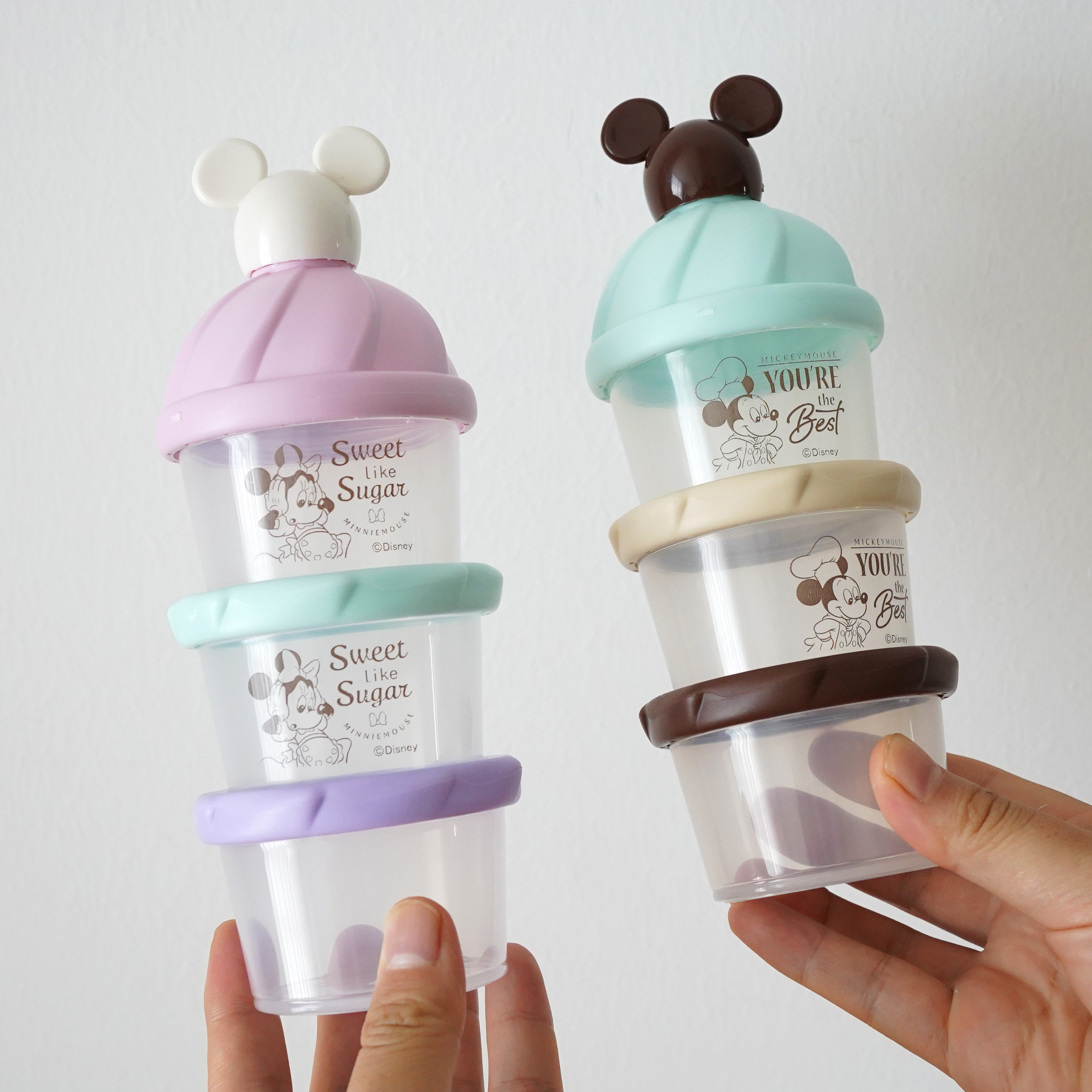 日本制米奇米妮零食盒 三段式便携密封宝宝米粉奶粉盒辅食80ml3个