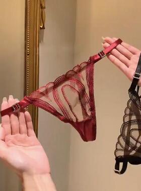 御姐风高级蕾丝美式性感内裤网纱刺绣细带丁字裤纯欲低腰三角裤女