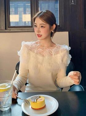 法式重工白色立体花朵长袖针织衫女秋冬温柔风软糯毛衣打底衫上衣