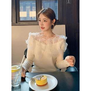 法式重工白色立体花朵长袖针织衫女秋冬温柔风软糯毛衣打底衫上衣