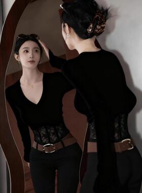 黑色v领内搭修身T恤打底衫2025新款女辣妹穿搭早秋巨好看长袖上衣