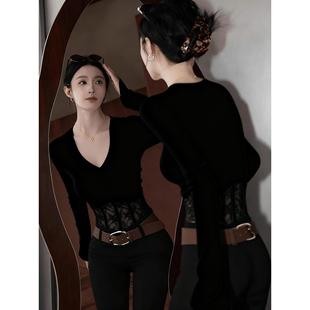 黑色v领内搭修身T恤打底衫2025新款女辣妹穿搭早秋巨好看长袖上衣