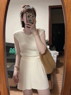 百褶裙套装 清纯小白花2025夏季 短袖 设计感冰丝收腰小飞袖 女 新款