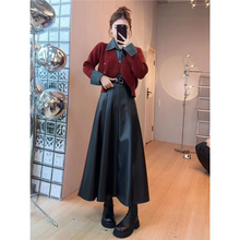 2024秋冬套装穿搭女装牛仔拼接针织毛衣半身皮裙两件套一整套ootd