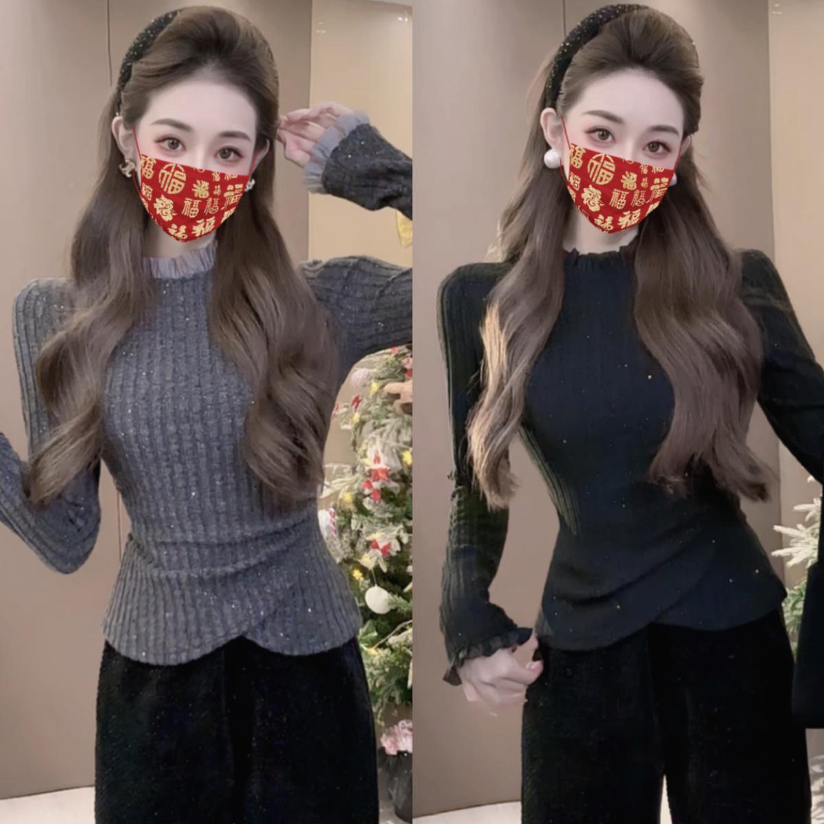 韩系蕾丝拼接细闪针织衫