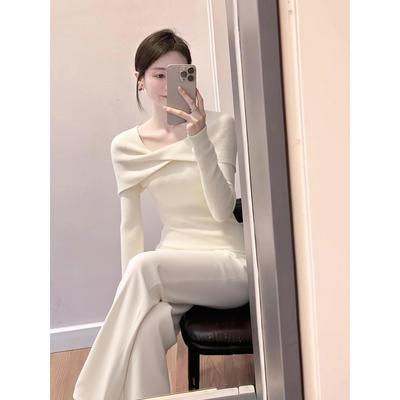 名媛白色一字肩针织上衣