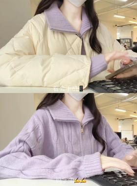 紫色麻花拉链半高领毛衣开衫外套女2025新款秋冬穿搭加厚针织上衣