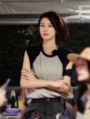 赵昭仪明星同款 美式 休闲灰色拼接T恤背心百搭显瘦牛仔拼接半身裙