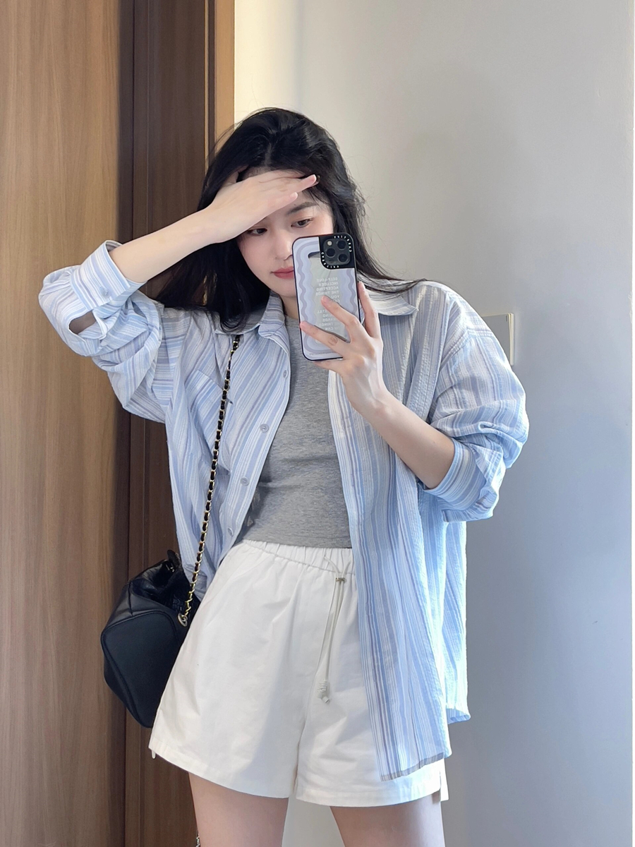 蓝色条纹衬衫外套女夏季