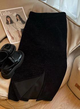 欧货小香风气质亮丝开叉半身裙女秋冬季亮闪闪高腰a字直筒包臀裙