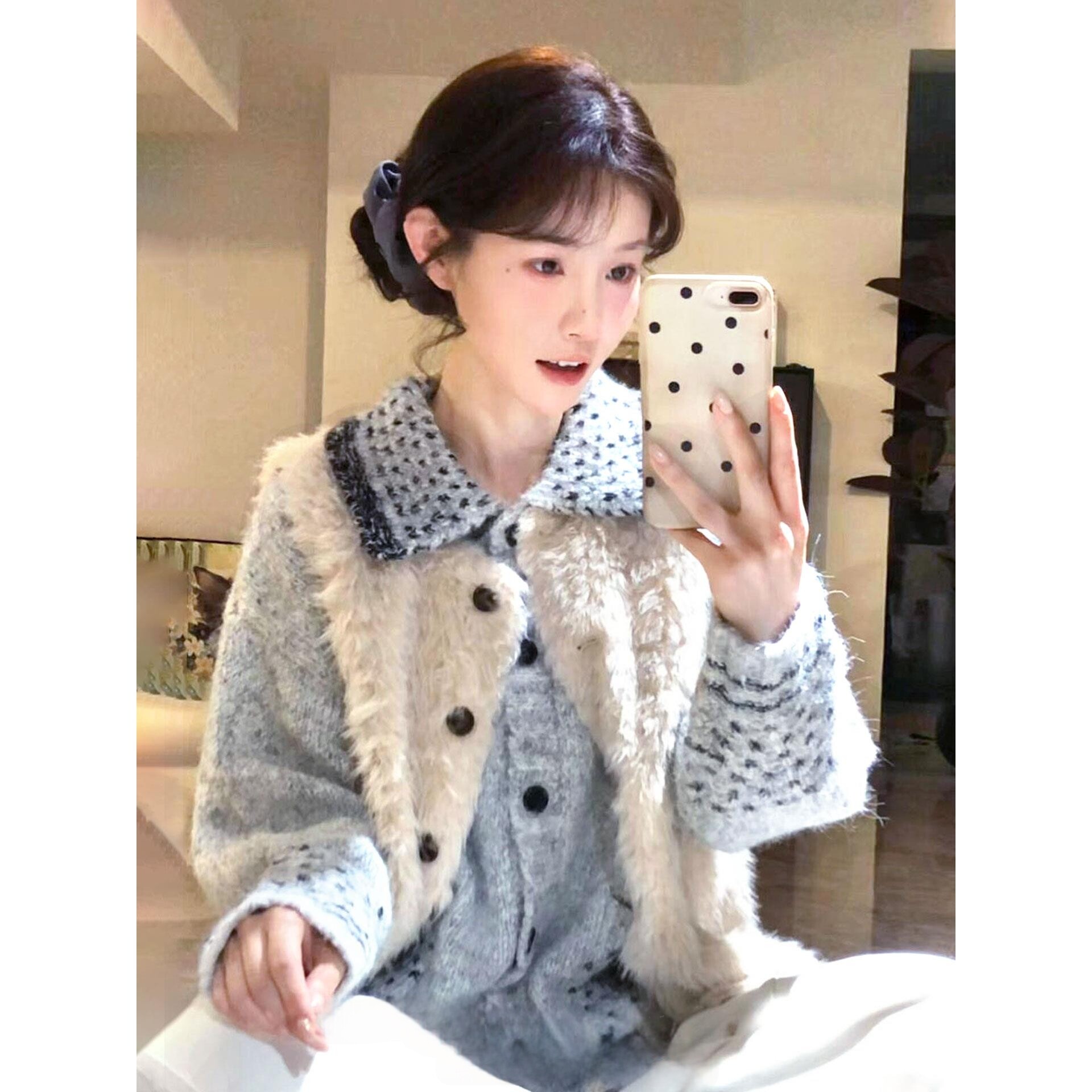 学院风撞色开衫羊羔毛马甲