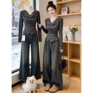 灰色v领蕾丝边修身针织衫毛衣女春季内搭打底衣御姐轻熟绝美上衣