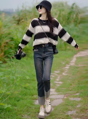 撞色条纹针织衫女秋季2025新款设计感小众宽松时尚百搭减龄上衣