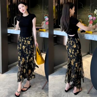 复古不规则飘逸碎花半身裙