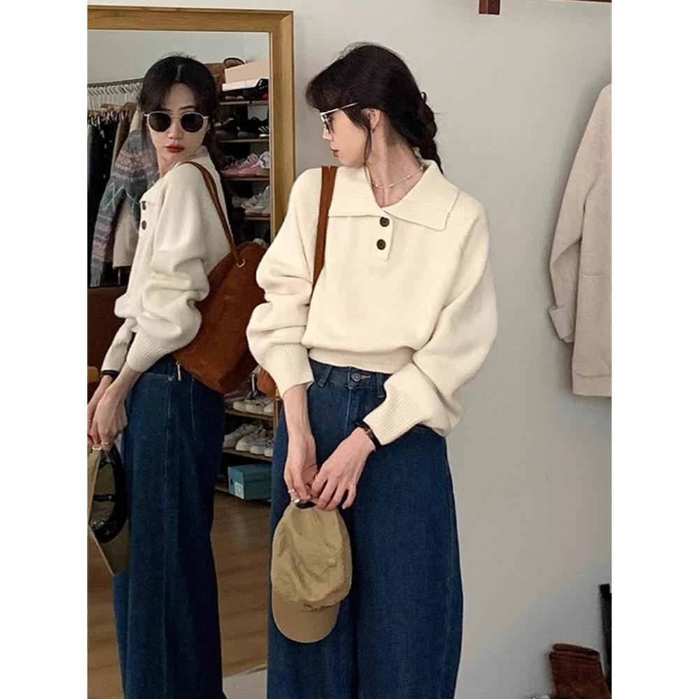 慵懒风polo衫翻领毛衣