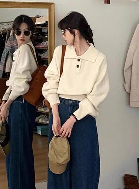 法式翻领毛衣女秋冬慵懒风短款内搭打底针织衫气质polo衫上衣